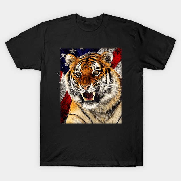 Patriotic Siberian Tiger Drawing - Vintage Tiger & American Flag Painting USA T-Shirt by Trade Theory